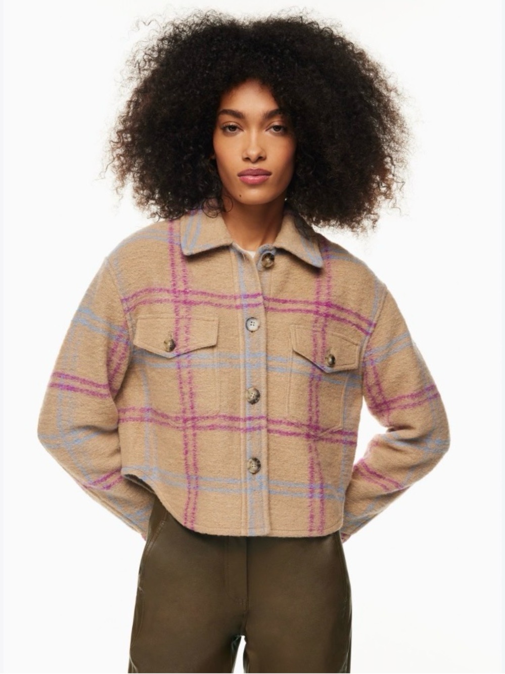 Aritzia “Ganna” Cropped Plaid Shacket in Camel with Pink & Light Blue Checks | S